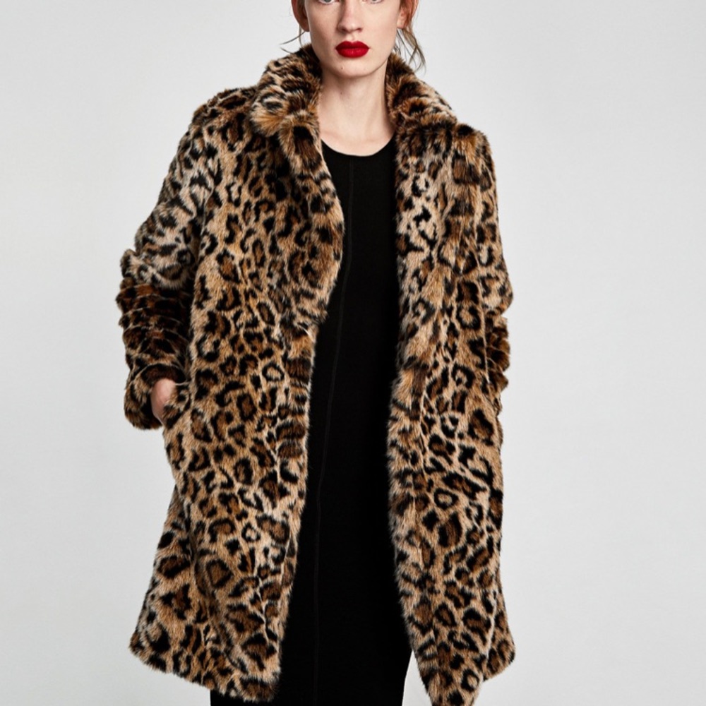 ZARA NWOT Faux Fur Cheetah Thigh Length Coat